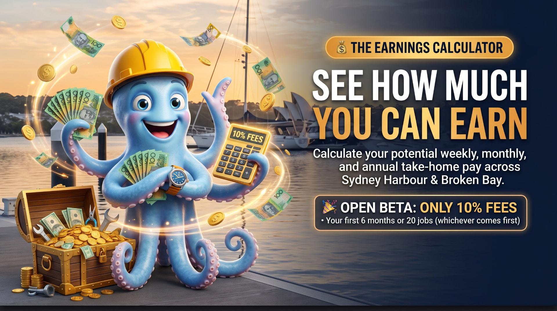 The Earnings Calculator — see how much you can earn. Calculate your potential weekly, monthly and annual take-home pay across Sydney Harbour & Broken Bay. Open Beta: only 10% fees for your first 6 months or 20 jobs, whichever comes first.