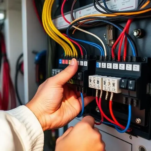 A marine electrician working cleanly on a boat's wiring at a marina berth