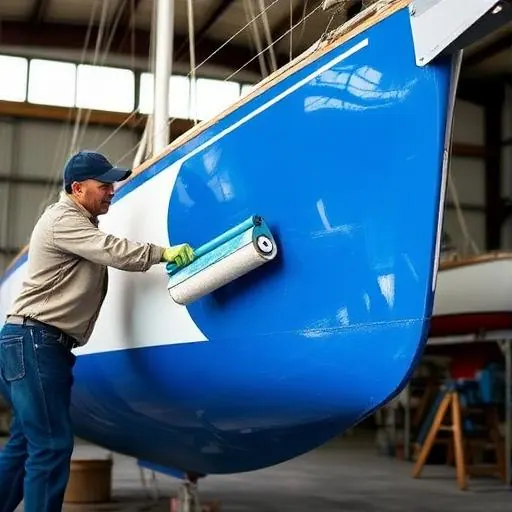 A hull on the slipway being prepared for fresh antifouling