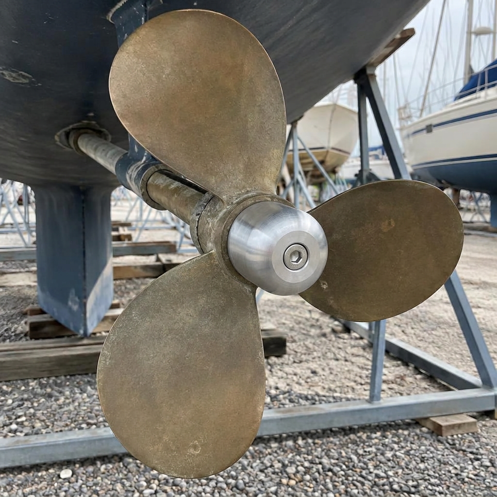 New intact silver propeller hub anode fitted to the same yacht on the hard