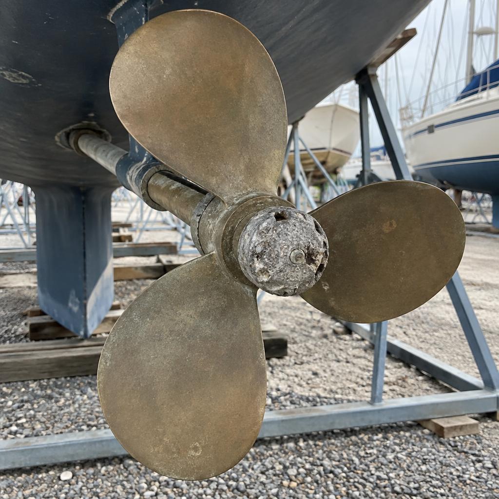 Severely depleted propeller hub anode beneath a yacht hauled out in a boatyard