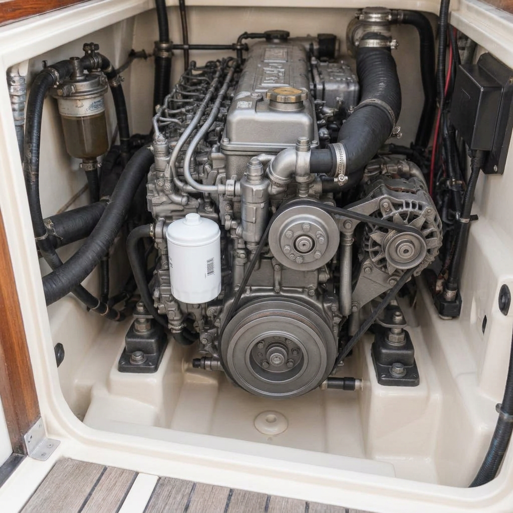 Serviced diesel engine with a new white oil filter and clean engine bay