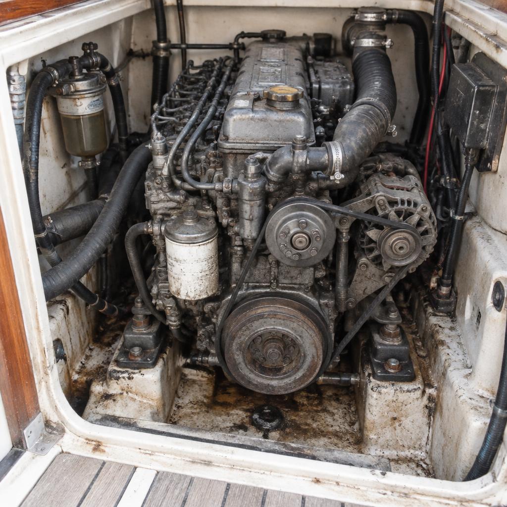 Dirty marine diesel engine and stained engine bay before service